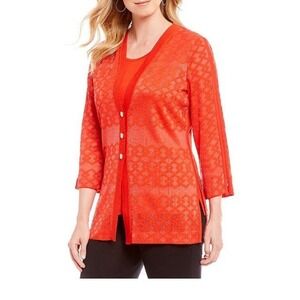 Misook‎ Woman's Poppy Red Sheer Textured V-Neck Knit Lightweight Cardigan-Size S